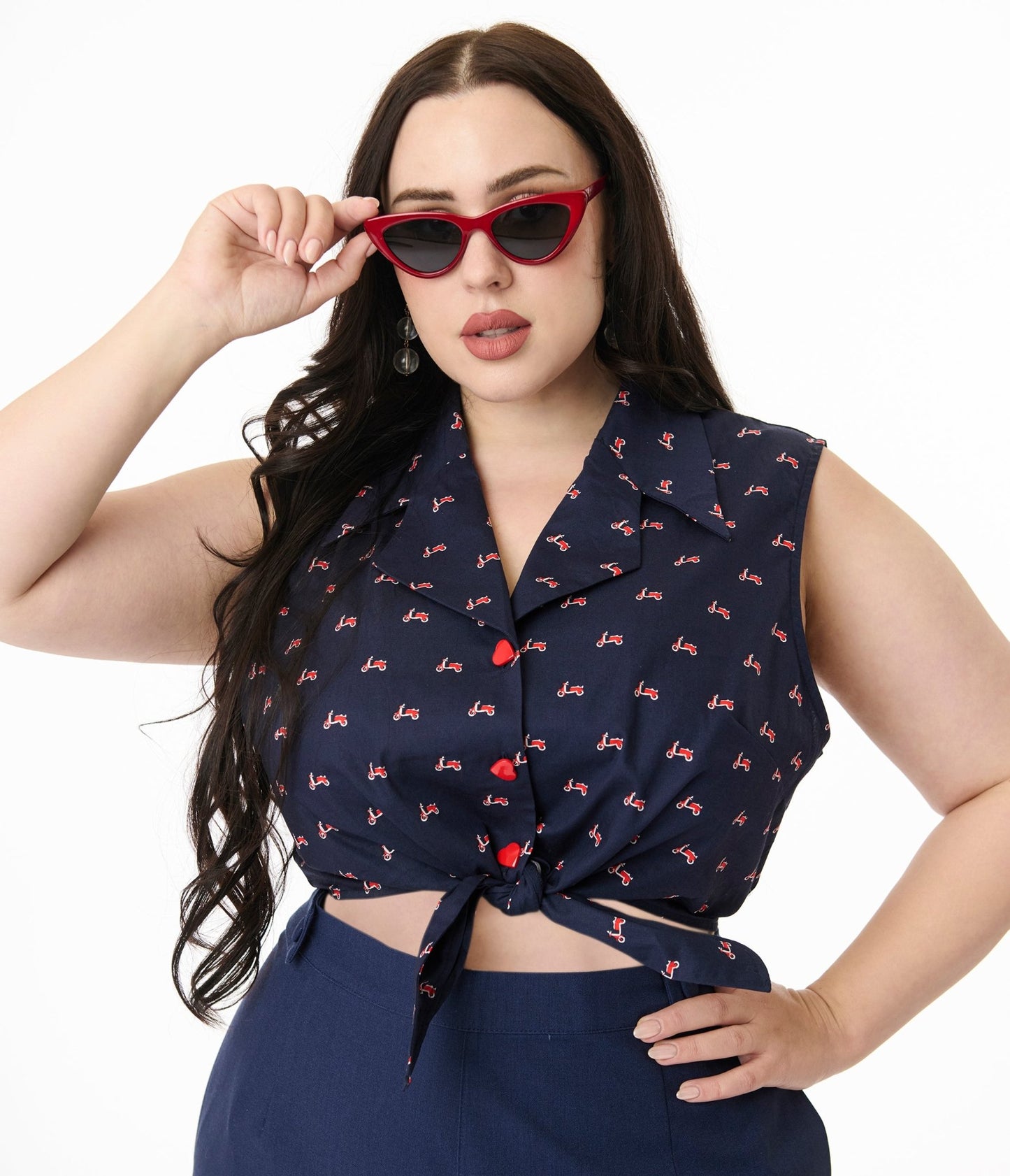 Royal Monk Plus Size 1950s Navy & Red Vespa Print Sandy Cotton Blouse - Unique Vintage - Womens, TOPS, SHIRTS