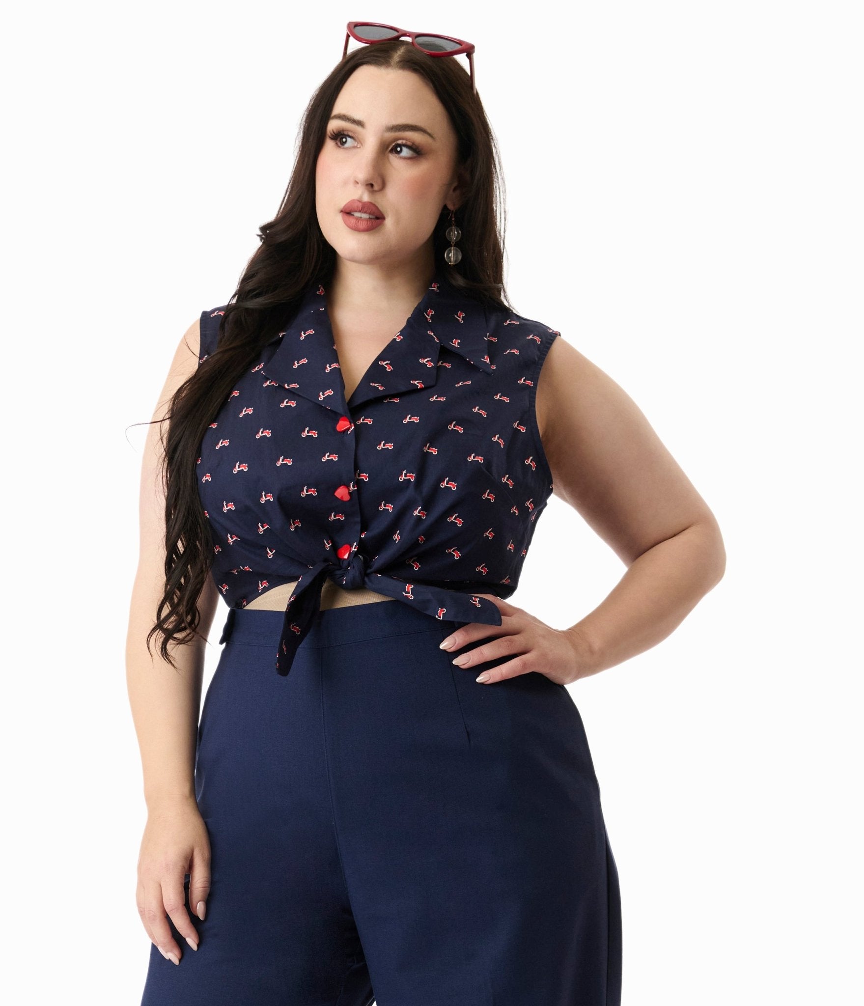 Royal Monk Plus Size 1950s Navy & Red Vespa Print Sandy Cotton Blouse - Unique Vintage - Womens, TOPS, SHIRTS