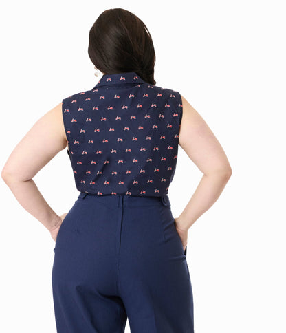 Royal Monk Plus Size 1950s Navy & Red Vespa Print Sandy Cotton Blouse - Unique Vintage - Womens, TOPS, SHIRTS