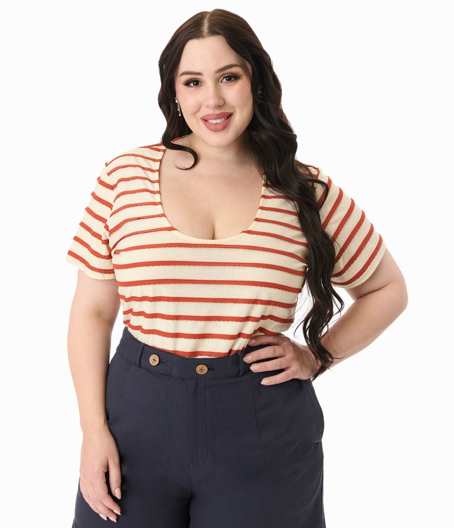 Royal Monk Plus Size Tan & Rust Orange Ruffle Stripe Knit Top - Unique Vintage - Womens, TOPS, SHIRTS