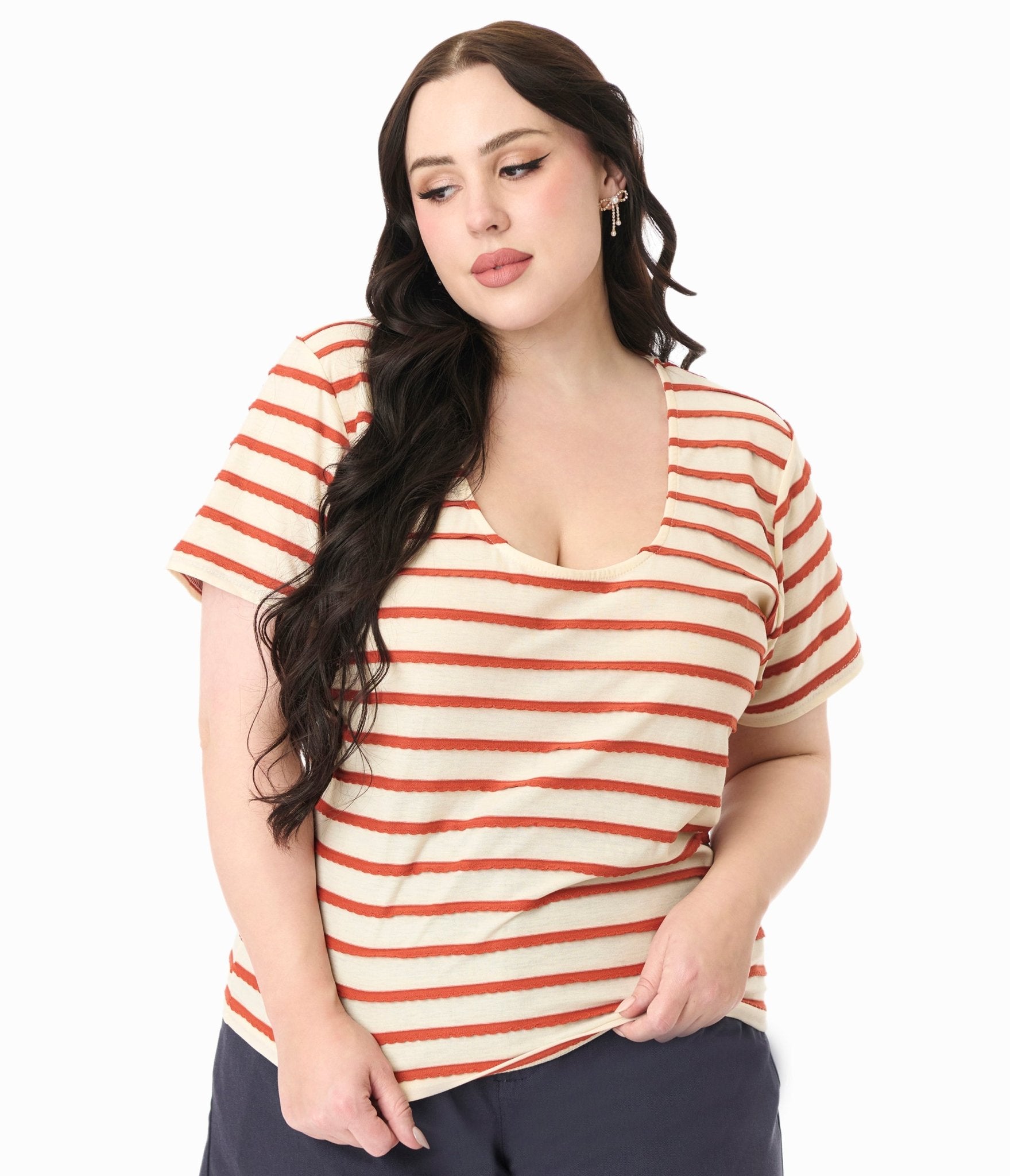 Royal Monk Plus Size Tan & Rust Orange Ruffle Stripe Knit Top - Unique Vintage - Womens, TOPS, SHIRTS