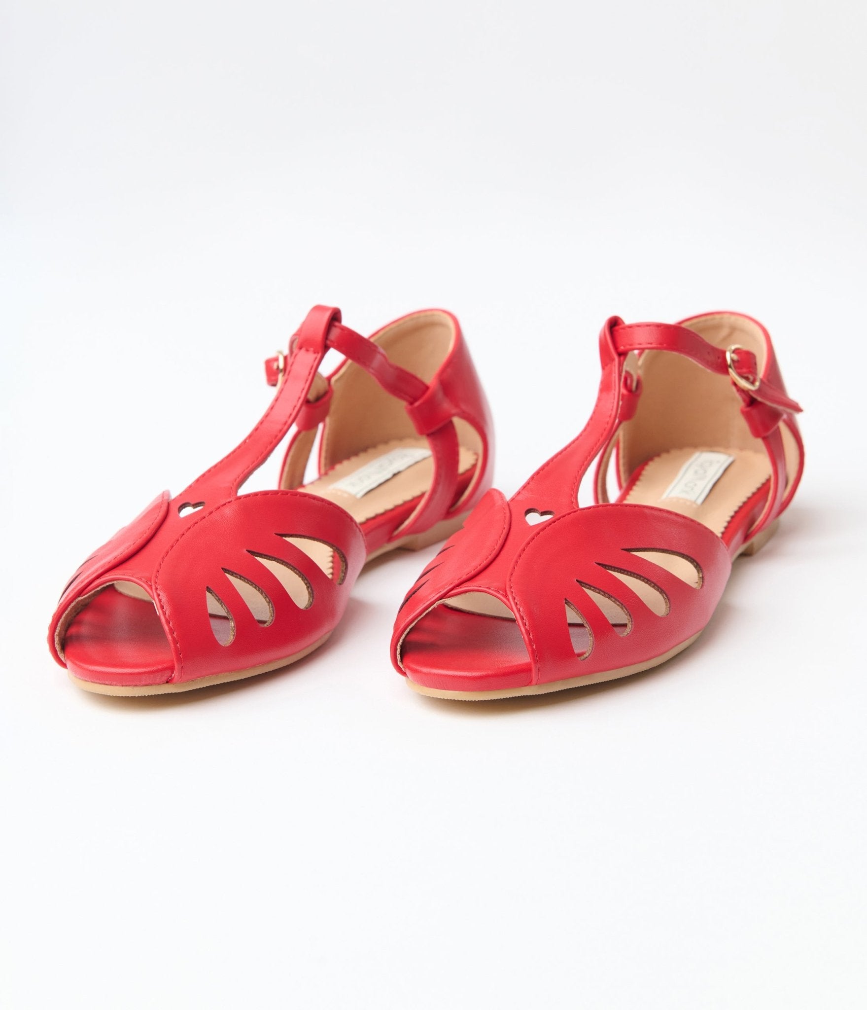 Royal Monk Red Leatherette Peep Toe T - Strap Flats - Unique Vintage - Womens, SHOES, SANDALS