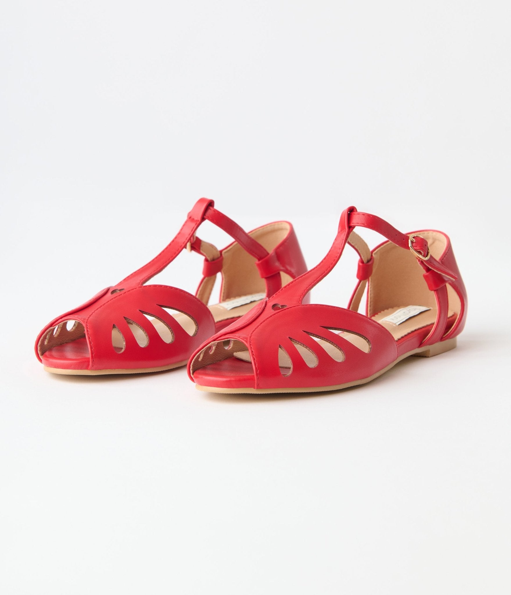 Royal Monk Red Leatherette Peep Toe T - Strap Flats - Unique Vintage - Womens, SHOES, SANDALS