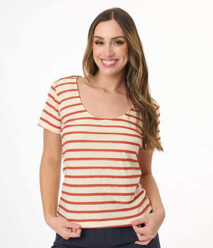 Royal Monk Tan & Rust Orange Ruffle Stripe Knit Top - Unique Vintage - Womens, TOPS, KNIT TOPS