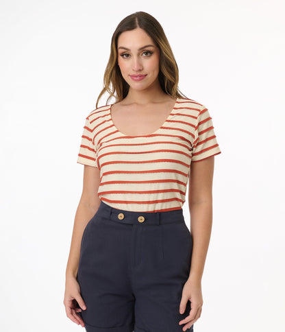 Royal Monk Tan & Rust Orange Ruffle Stripe Knit Top - Unique Vintage - Womens, TOPS, KNIT TOPS