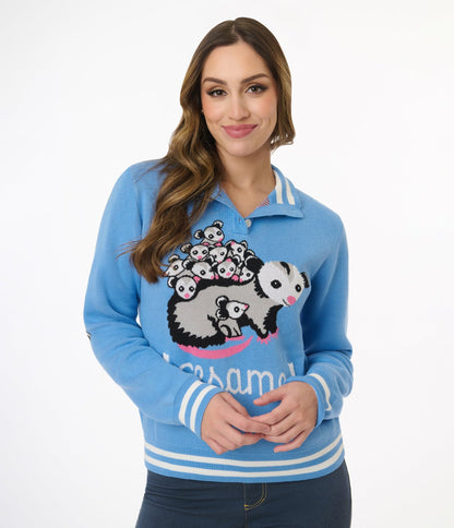 Sesame the Opossum Blue Varsity Sweater - Unique Vintage - Womens, TOPS, SWEATERS