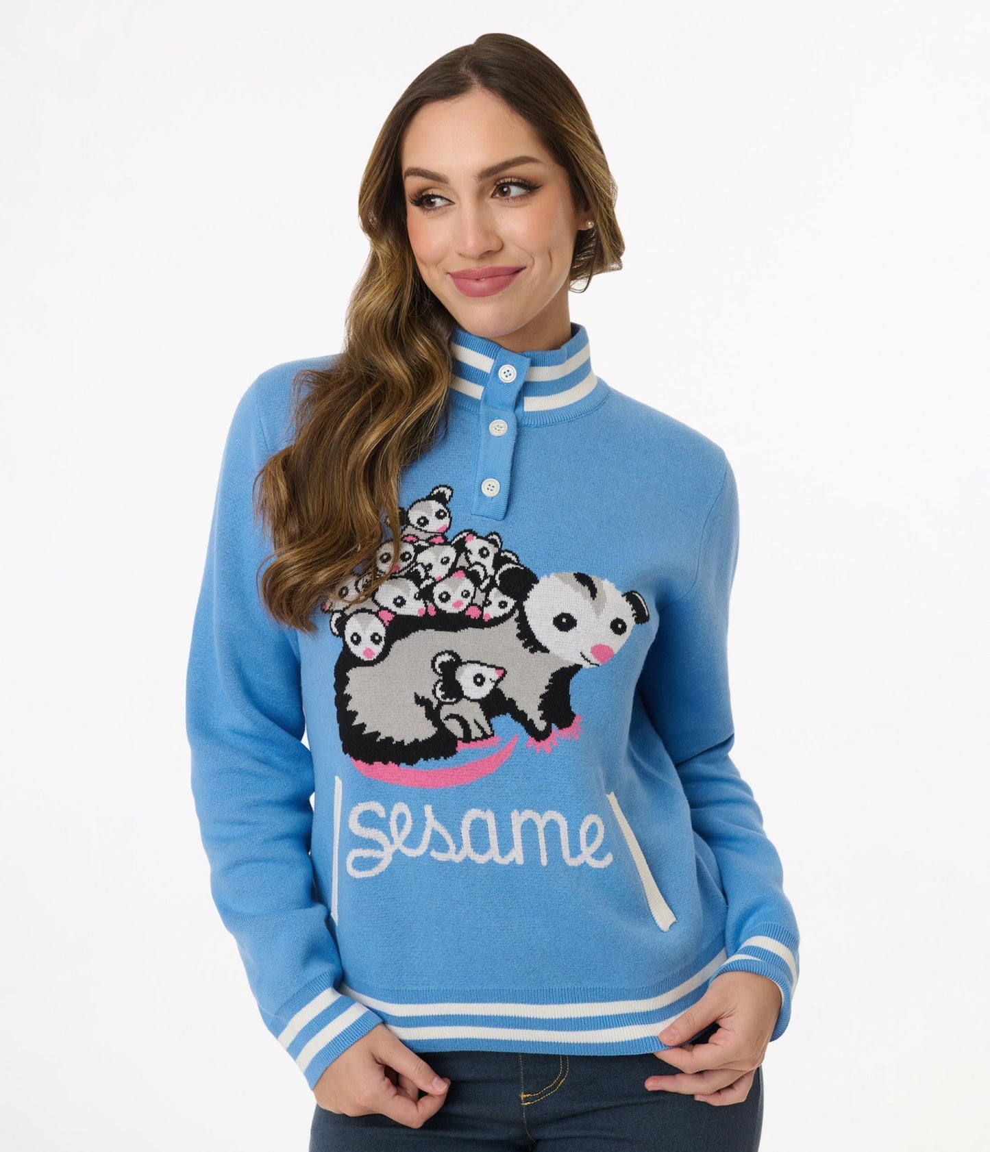 Sesame the Opossum Blue Varsity Sweater - Unique Vintage - Womens, TOPS, SWEATERS