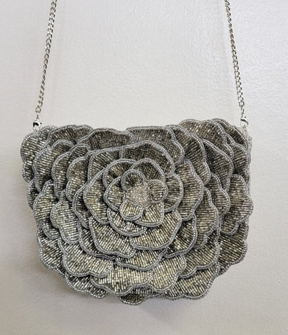 Silver Flower Beaded Crossbody Bag - Unique Vintage - Womens, ACCESSORIES, HANDBAGS