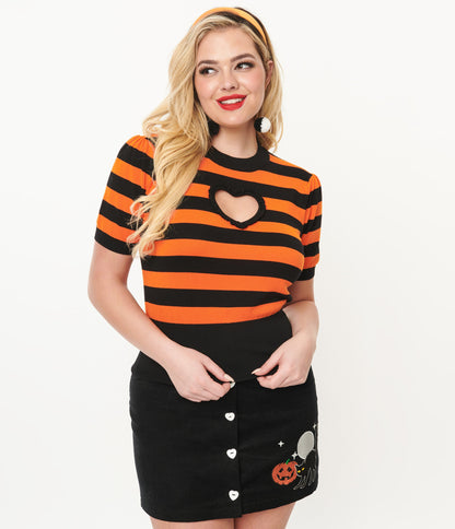 Smak Parlour 1950s Black & Orange Stripe Heart Sweater - Unique Vintage - Womens, HALLOWEEN, TOPS