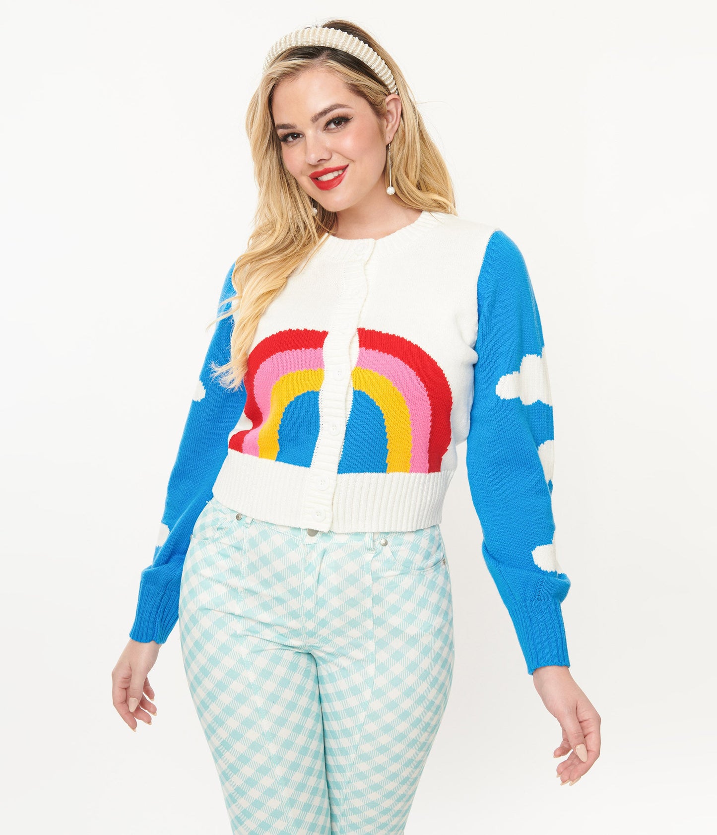 Smak Parlour 1960s Blue & Rainbow Clouds Cardigan - Unique Vintage - Womens, TOPS, SWEATERS