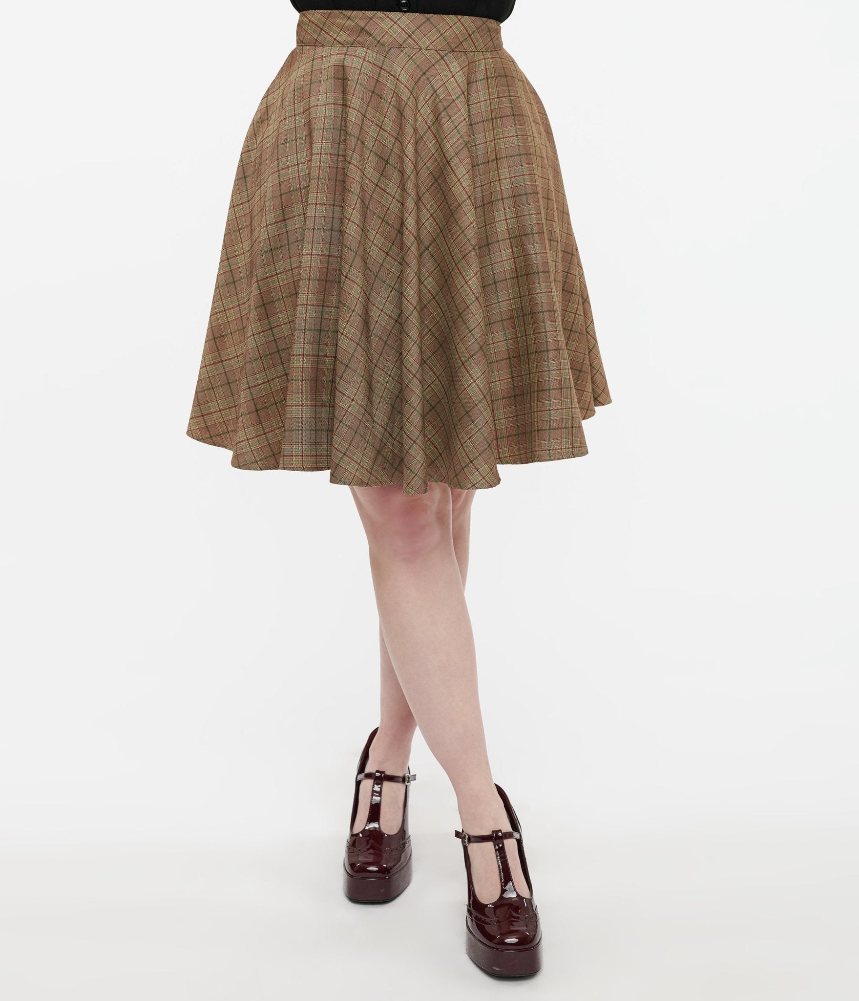 Smak Parlour 1960s Brown & Green Plaid Scene Flare Skirt - Unique Vintage - Womens, BOTTOMS, SKIRTS