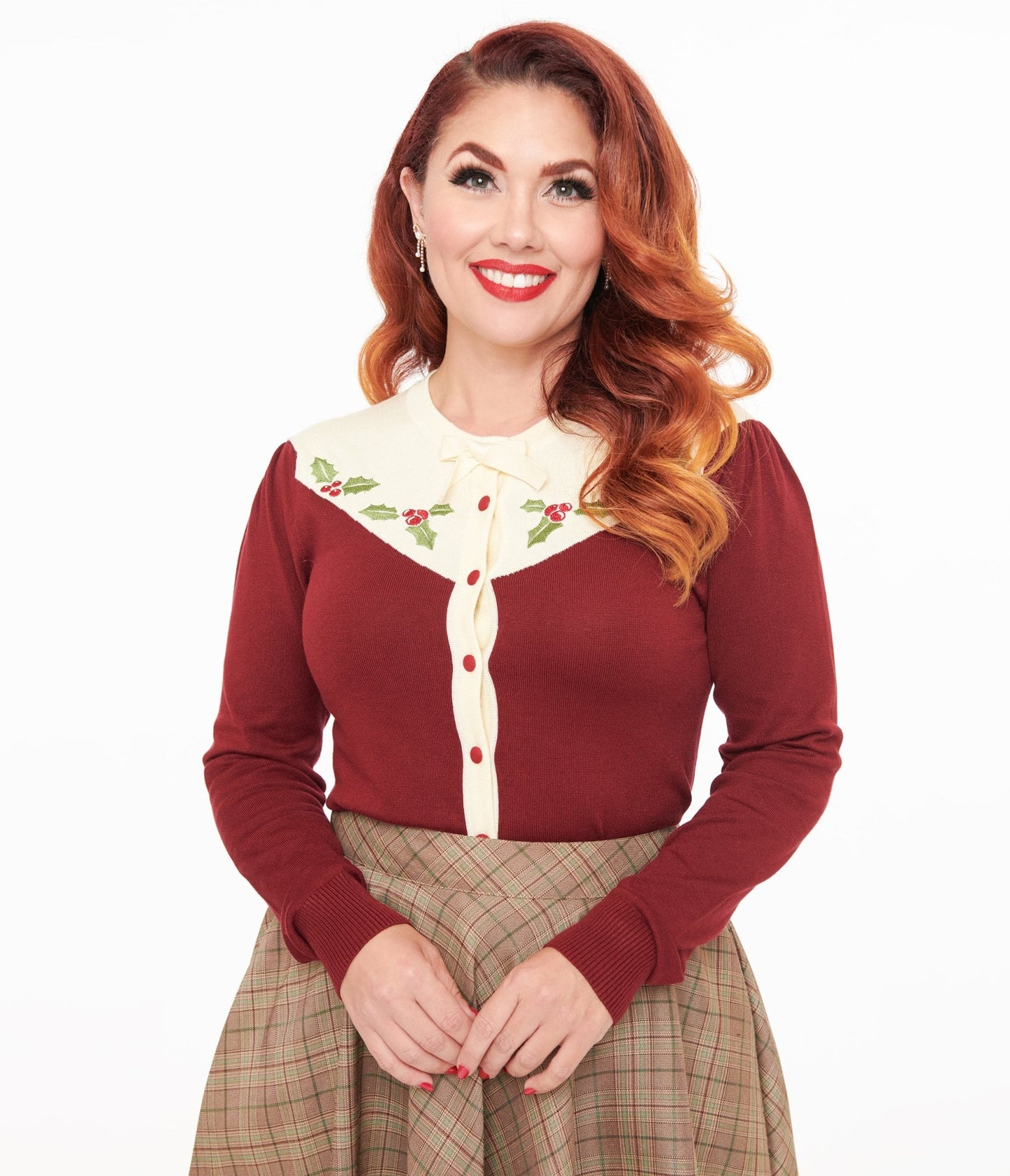 Smak Parlour 1960s Burgundy & Ivory Mistletoe Cardigan - Unique Vintage - Womens, TOPS, SWEATERS