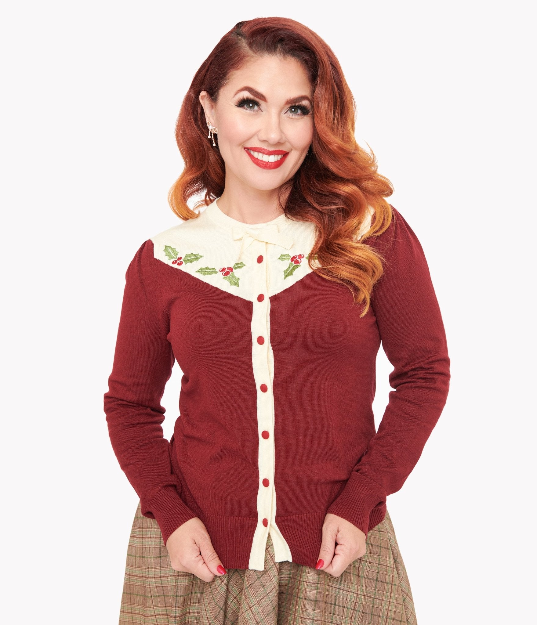 Smak Parlour 1960s Burgundy & Ivory Mistletoe Cardigan - Unique Vintage - Womens, TOPS, SWEATERS