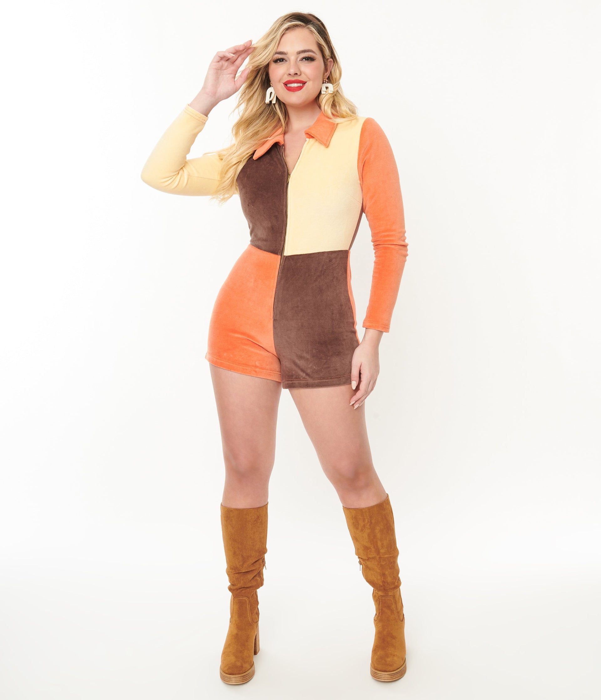 Smak Parlour 1960s Fall Color Block Terry Cloth Romper - Unique Vintage - Womens, BOTTOMS, ROMPERS AND JUMPSUITS