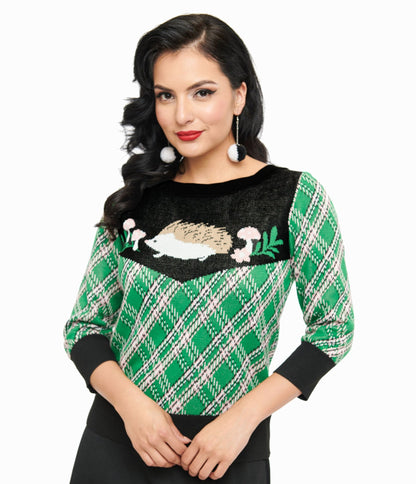 Smak Parlour 1960s Green Plaid & Hedgehog Sweater - Unique Vintage - Womens, TOPS, SWEATERS