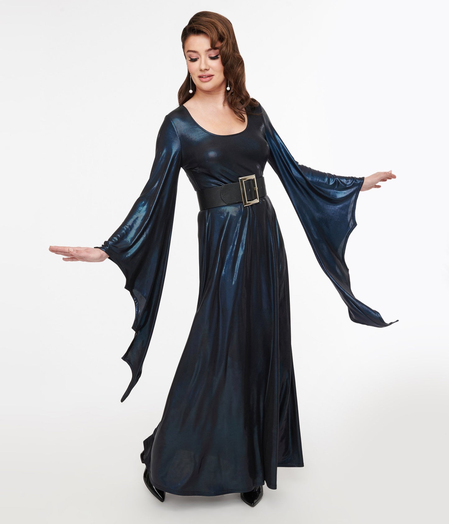 Smak Parlour 1960s Iridescent Dark Blue Bat Wing Sleeve Maxi Dress - Unique Vintage - Womens, HALLOWEEN, DRESSES