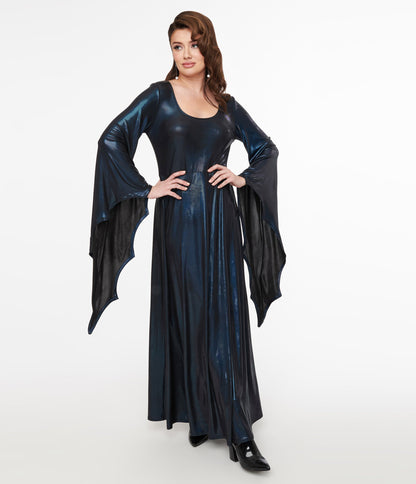 Smak Parlour 1960s Iridescent Dark Blue Bat Wing Sleeve Maxi Dress - Unique Vintage - Womens, HALLOWEEN, DRESSES