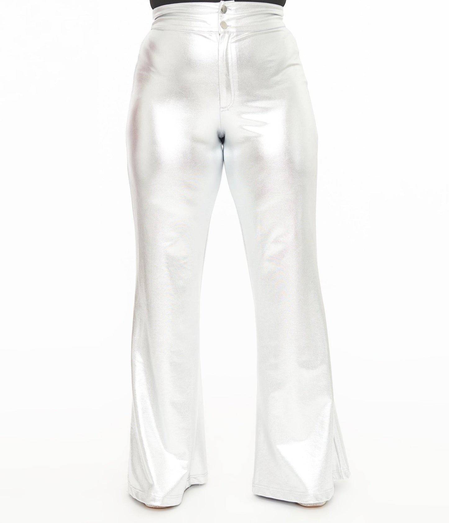 Smak Parlour 1960s Metallic Silver High Waist Flare Pants - Unique Vintage - Womens, BOTTOMS, PANTS