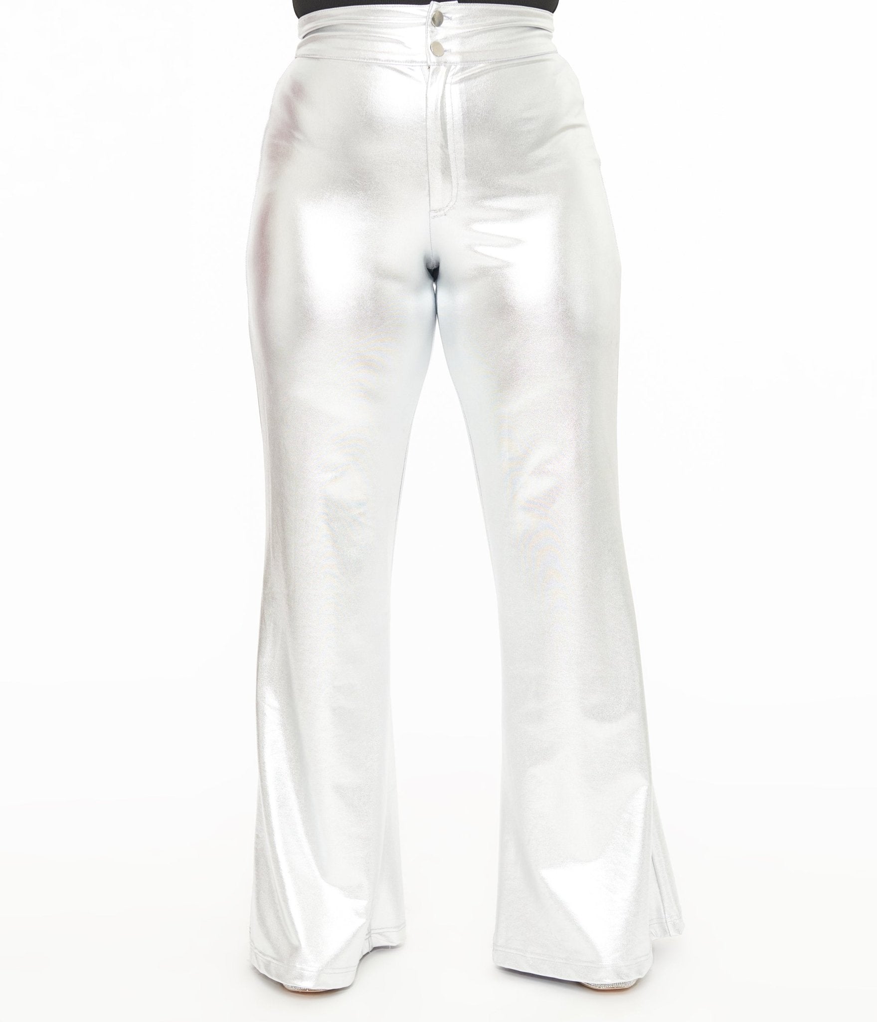 Smak Parlour 1960s Metallic Silver High Waist Flare Pants - Unique Vintage - Womens, BOTTOMS, PANTS