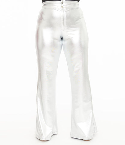 Smak Parlour 1960s Metallic Silver High Waist Flare Pants - Unique Vintage - Womens, BOTTOMS, PANTS