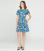 Smak Parlour 1960s Navy & Rainbow Mushroom Open Back Flare Dress