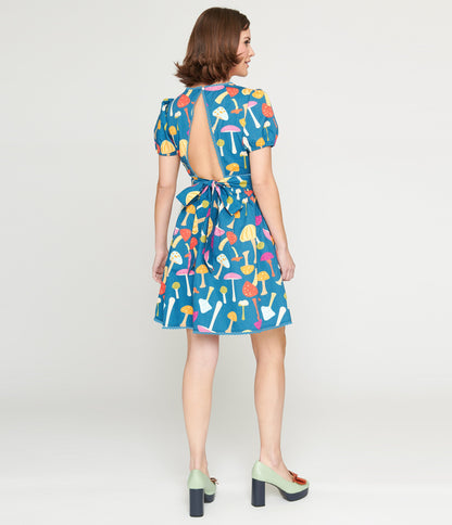 Smak Parlour 1960s Navy & Rainbow Mushroom Open Back Flare Dress - Unique Vintage - Womens, DRESSES, FIT AND FLARE