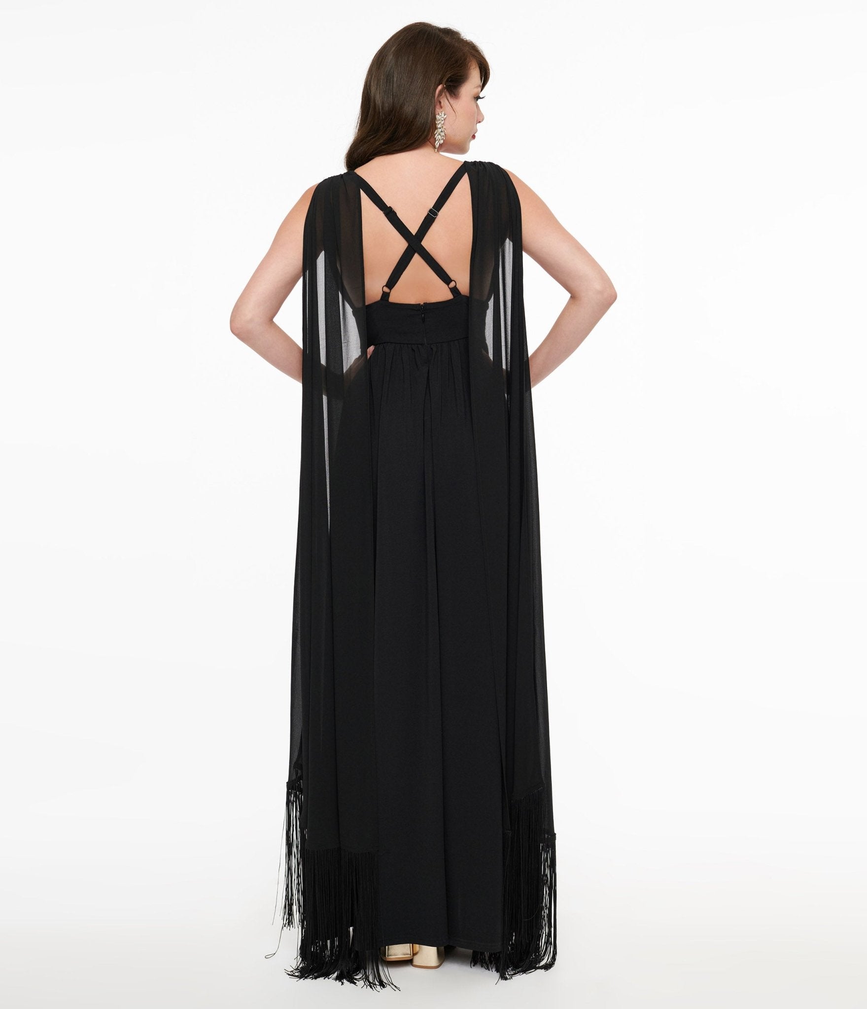 Smak Parlour 1970s Black Fringe Cape Maxi Dress - Unique Vintage - Womens, DRESSES, CAFTAN