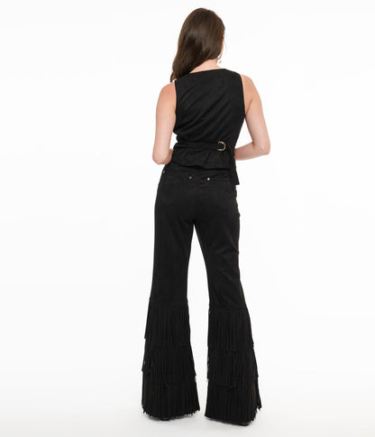 Smak Parlour 1970s Black Suede Tassel Flare Pants - Unique Vintage - Womens, BOTTOMS, PANTS