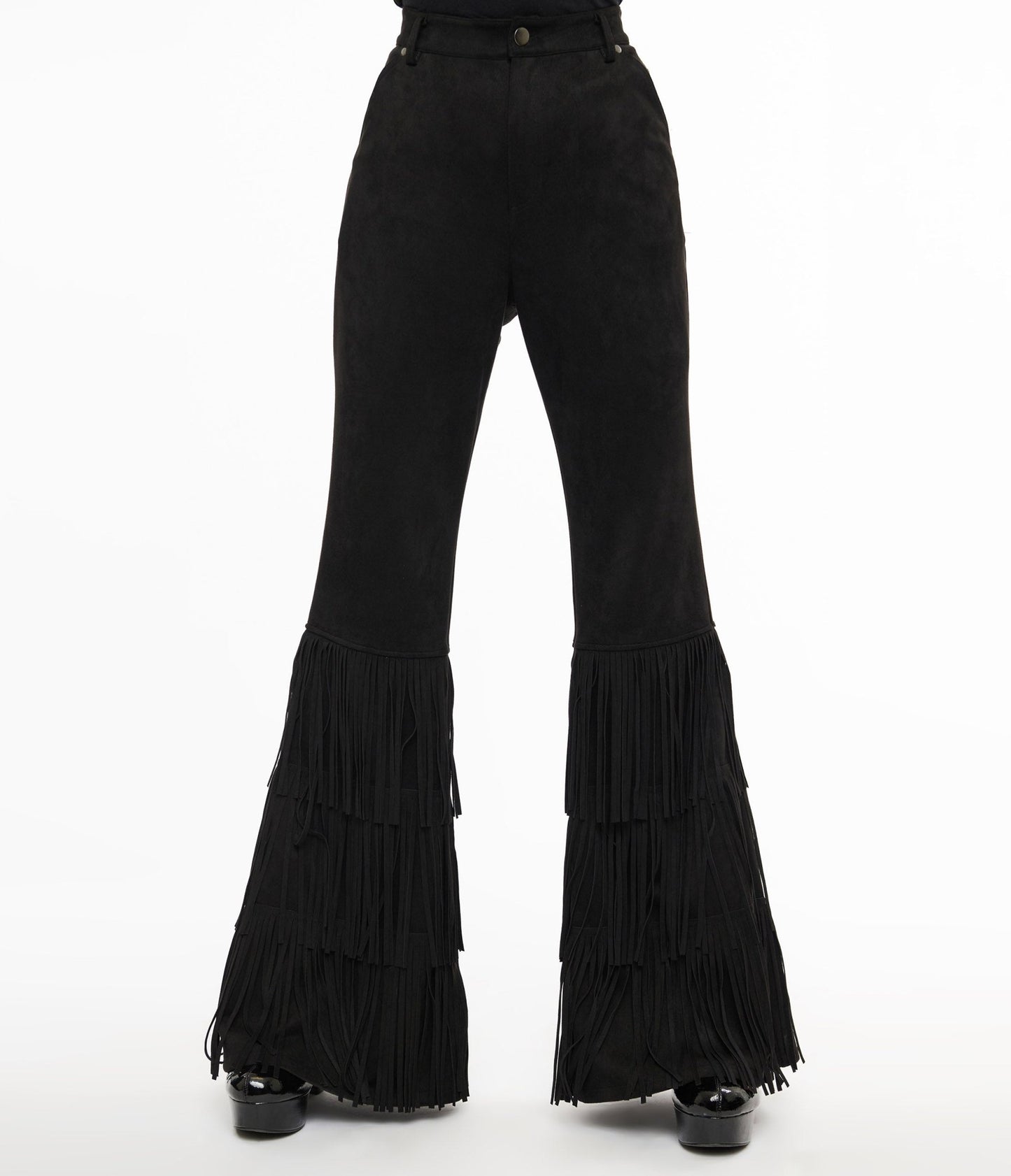 Smak Parlour 1970s Black Suede Tassel Flare Pants - Unique Vintage - Womens, BOTTOMS, PANTS