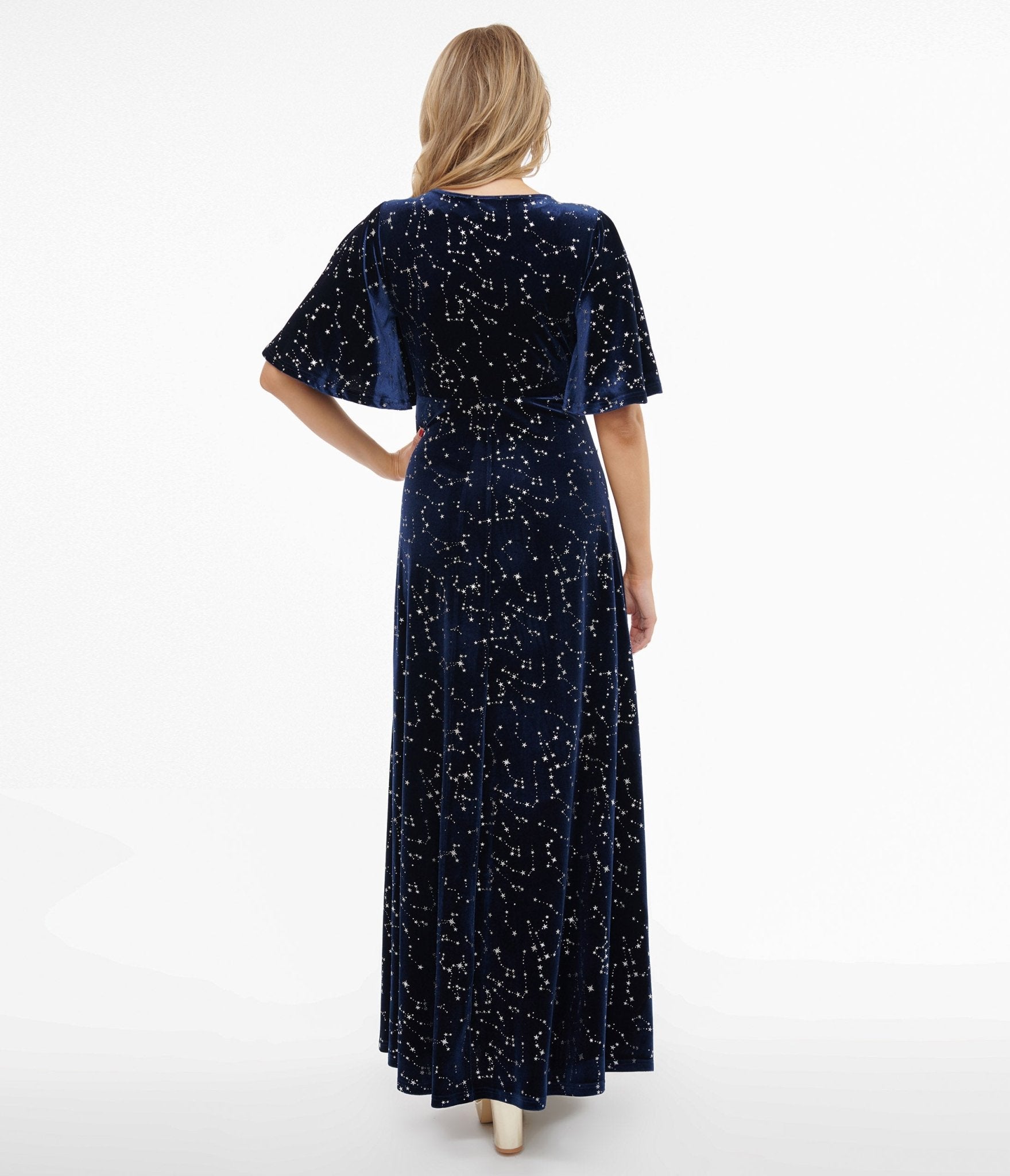 Smak Parlour 1970s Blue Velvet Silver Stars Cutout Maxi Dress - Unique Vintage - Womens, DRESSES, MAXI