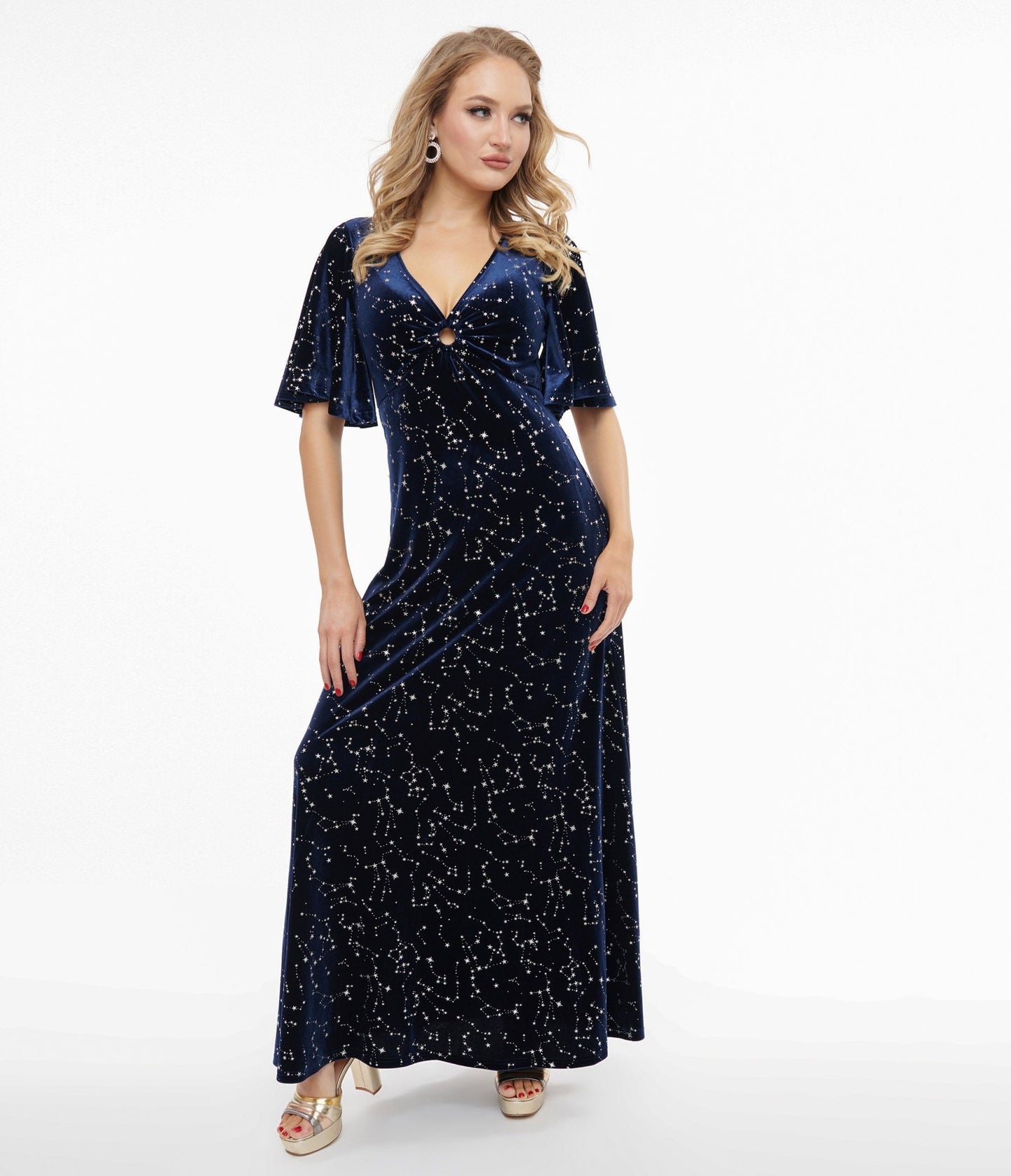 Smak Parlour 1970s Blue Velvet Silver Stars Cutout Maxi Dress - Unique Vintage - Womens, DRESSES, MAXI