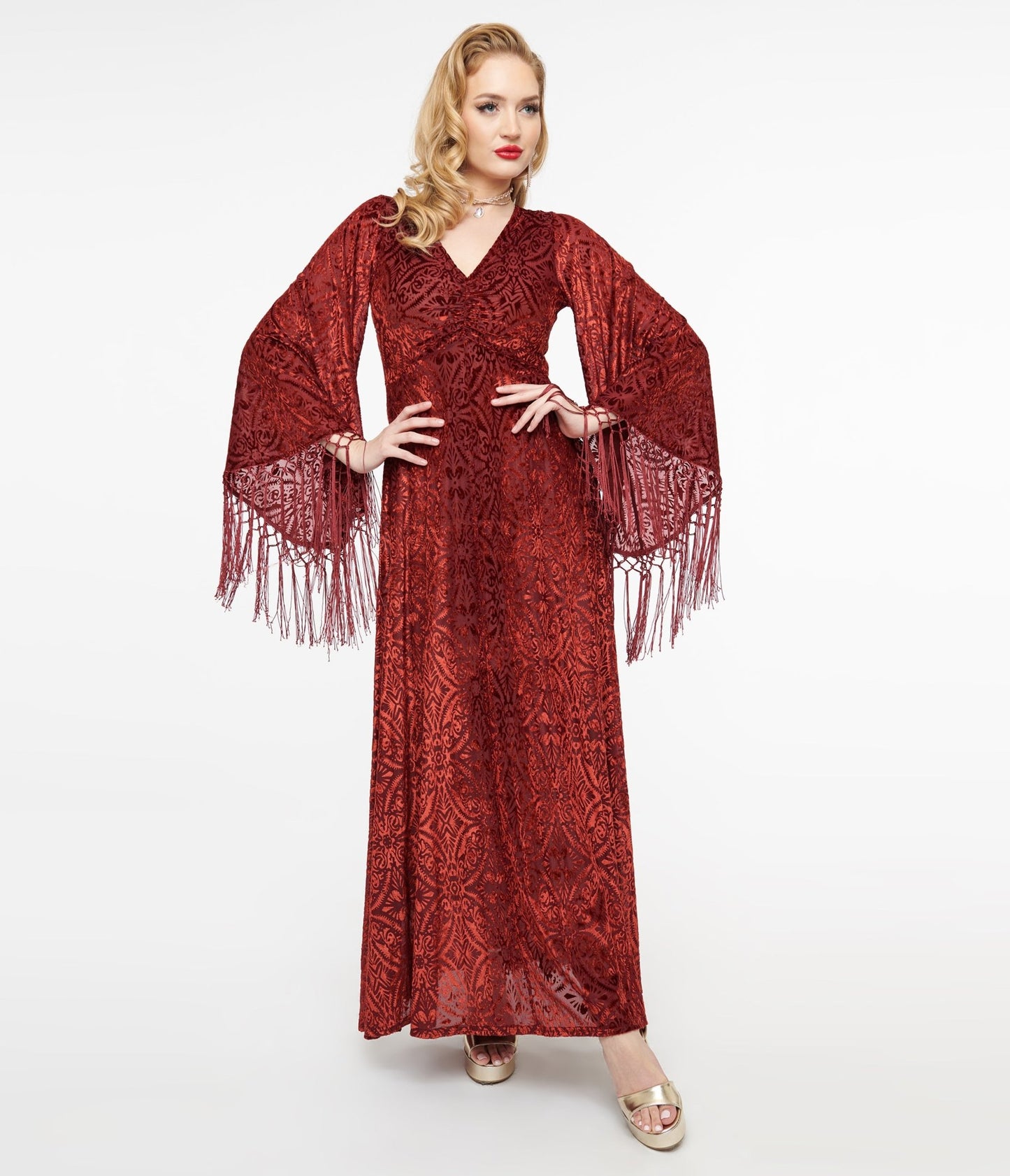 Smak Parlour 1970s Burgundy Velvet Burnout Fringe Sleeve Maxi Dress - Unique Vintage - Womens, DRESSES, MAXI