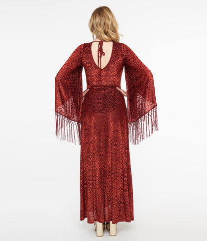 Smak Parlour 1970s Burgundy Velvet Burnout Fringe Sleeve Maxi Dress - Unique Vintage - Womens, DRESSES, MAXI