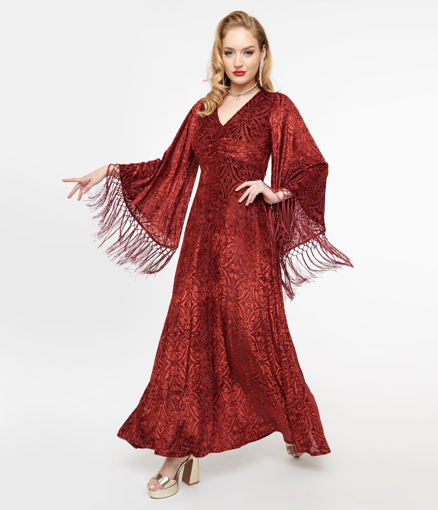 Smak Parlour 1970s Burgundy Velvet Burnout Fringe Sleeve Maxi Dress - Unique Vintage - Womens, DRESSES, MAXI