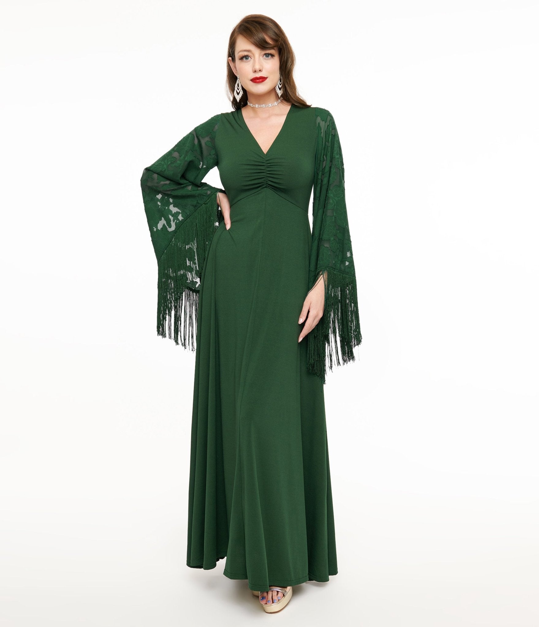 Smak Parlour 1970s Green Fringe Sleeve Maxi Dress - Unique Vintage - Womens, DRESSES, MAXI