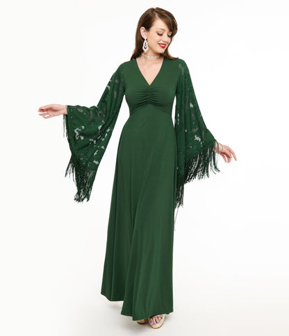 Smak Parlour 1970s Green Fringe Sleeve Maxi Dress - Unique Vintage - Womens, DRESSES, MAXI