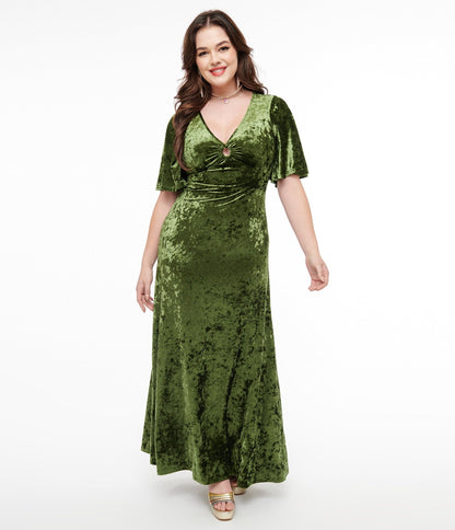 Smak Parlour 1970s Mossy Green Velvet Cutout Maxi Dress - Unique Vintage - Womens, DRESSES, MAXI