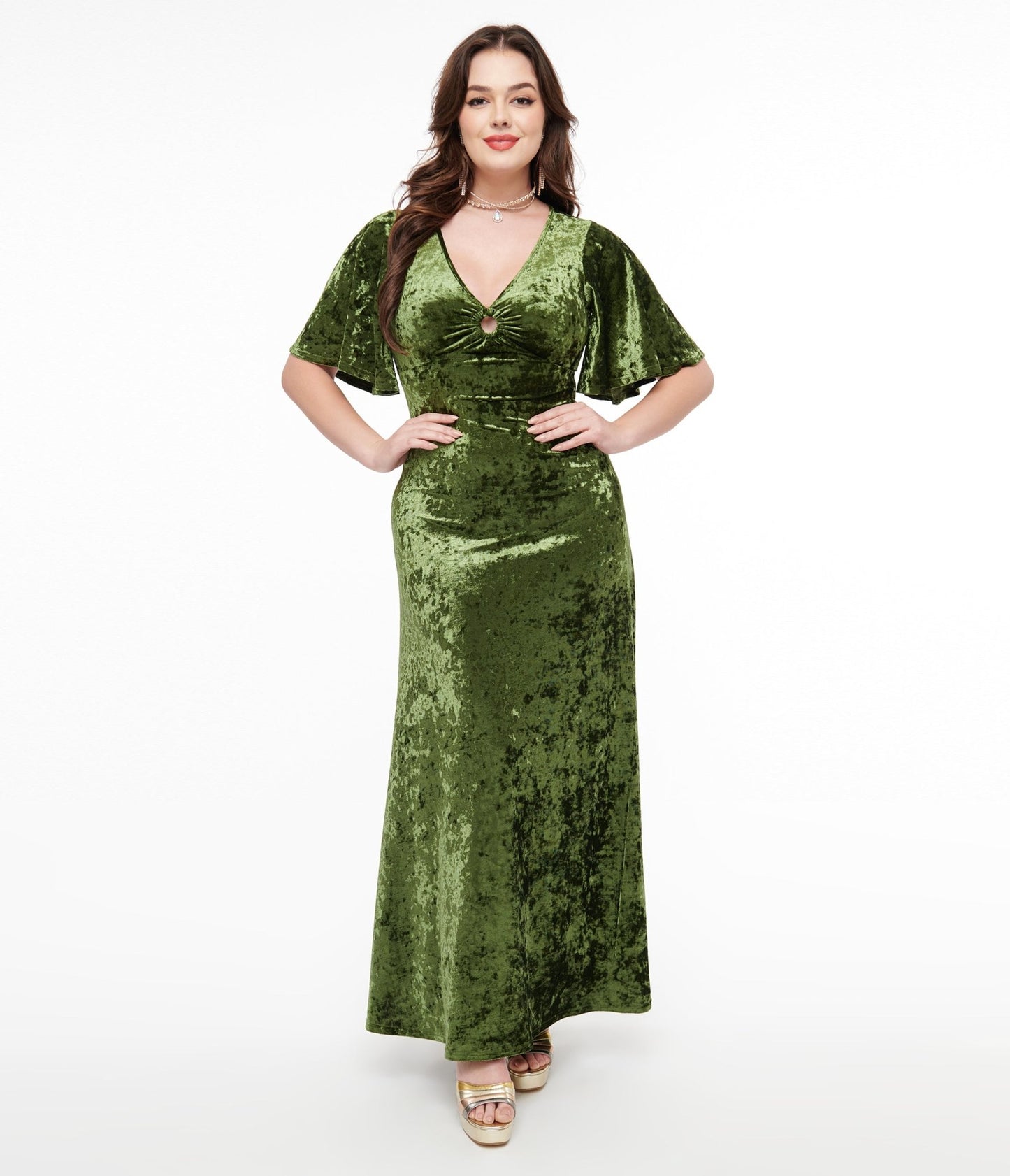 Smak Parlour 1970s Mossy Green Velvet Cutout Maxi Dress - Unique Vintage - Womens, DRESSES, MAXI