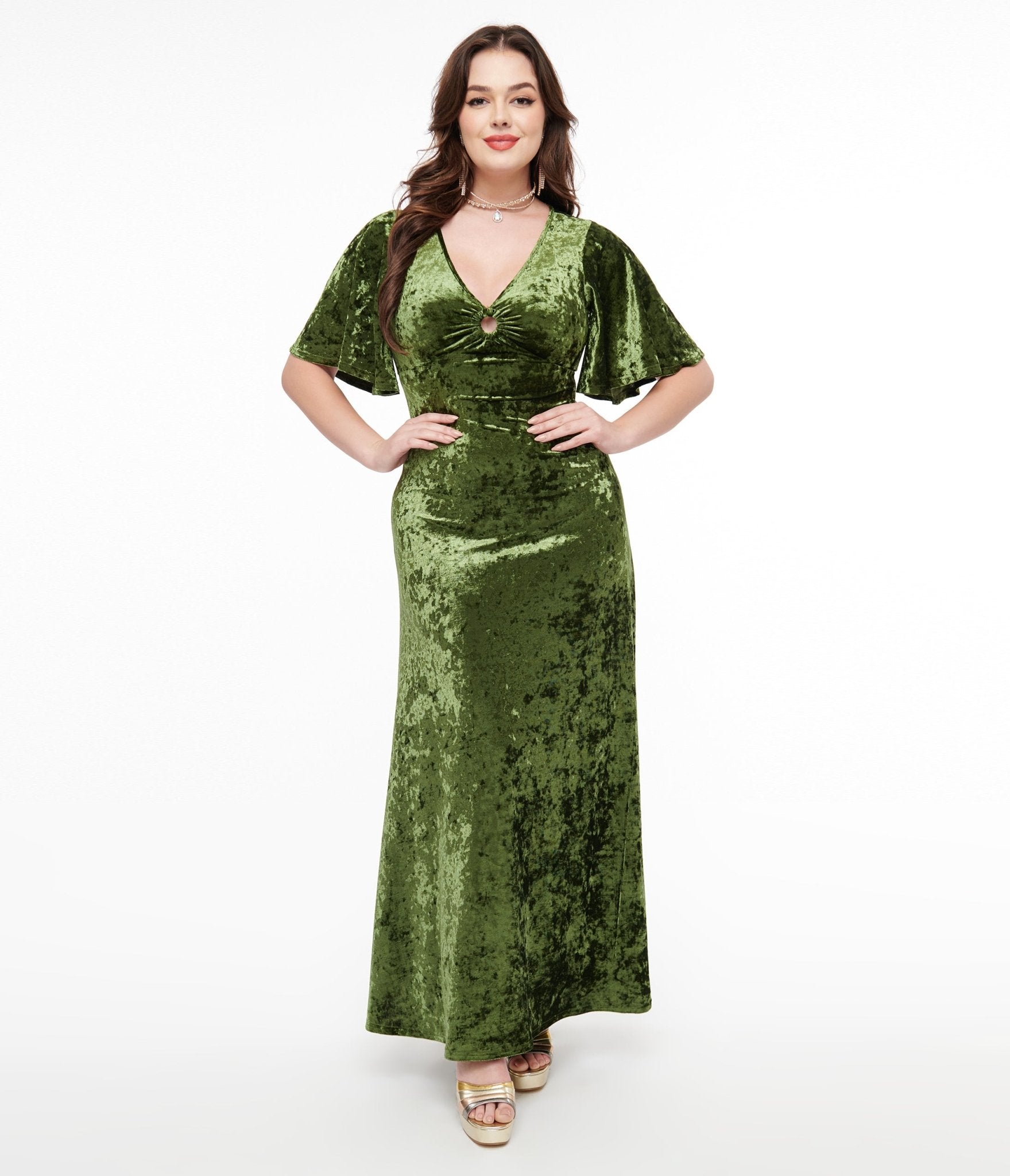 Smak Parlour 1970s Mossy Green Velvet Cutout Maxi Dress - Unique Vintage - Womens, DRESSES, MAXI