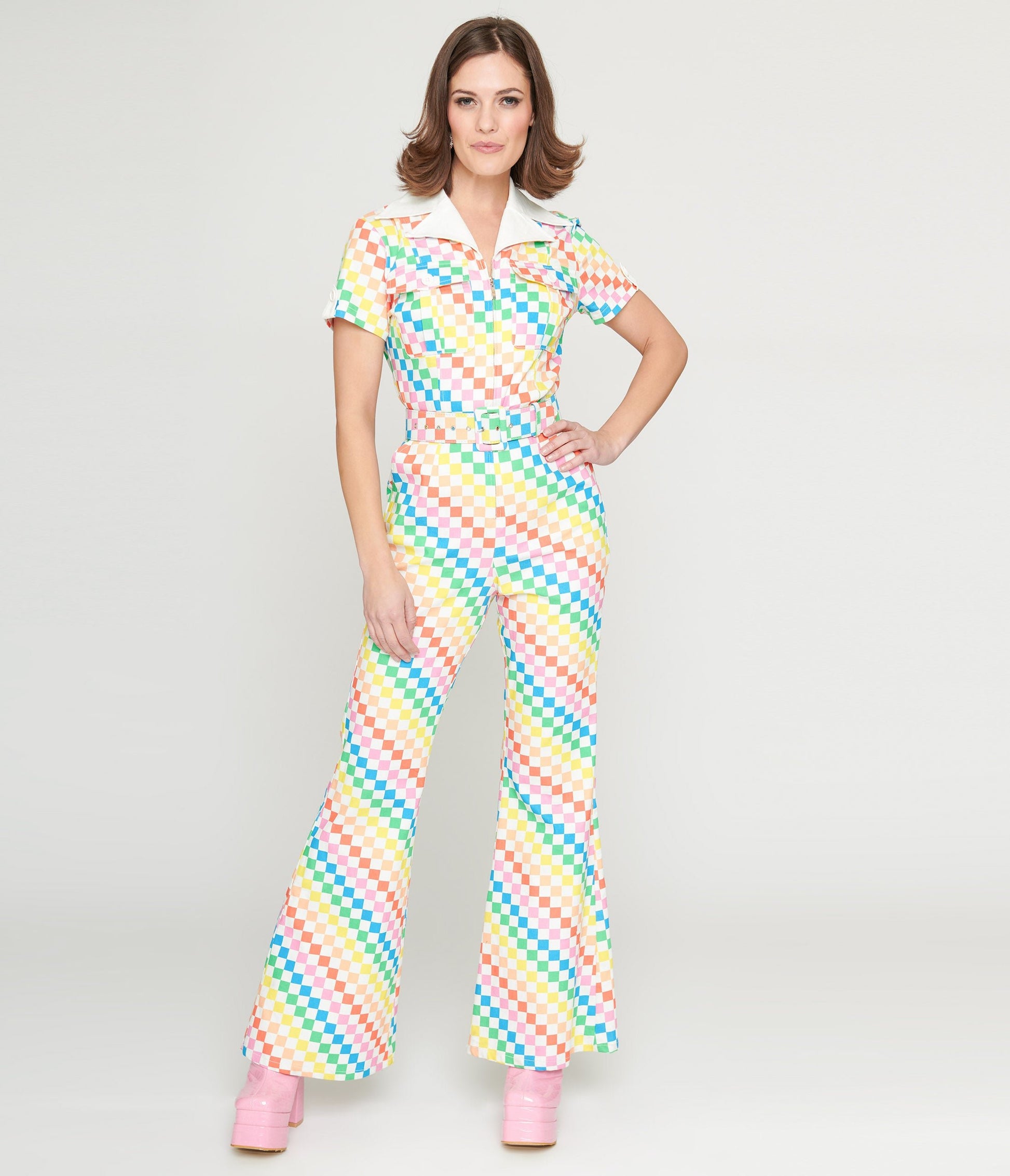 Smak Parlour 1970s Rainbow Check Flare Jumpsuit - Unique Vintage - Womens, BOTTOMS, ROMPERS AND JUMPSUITS