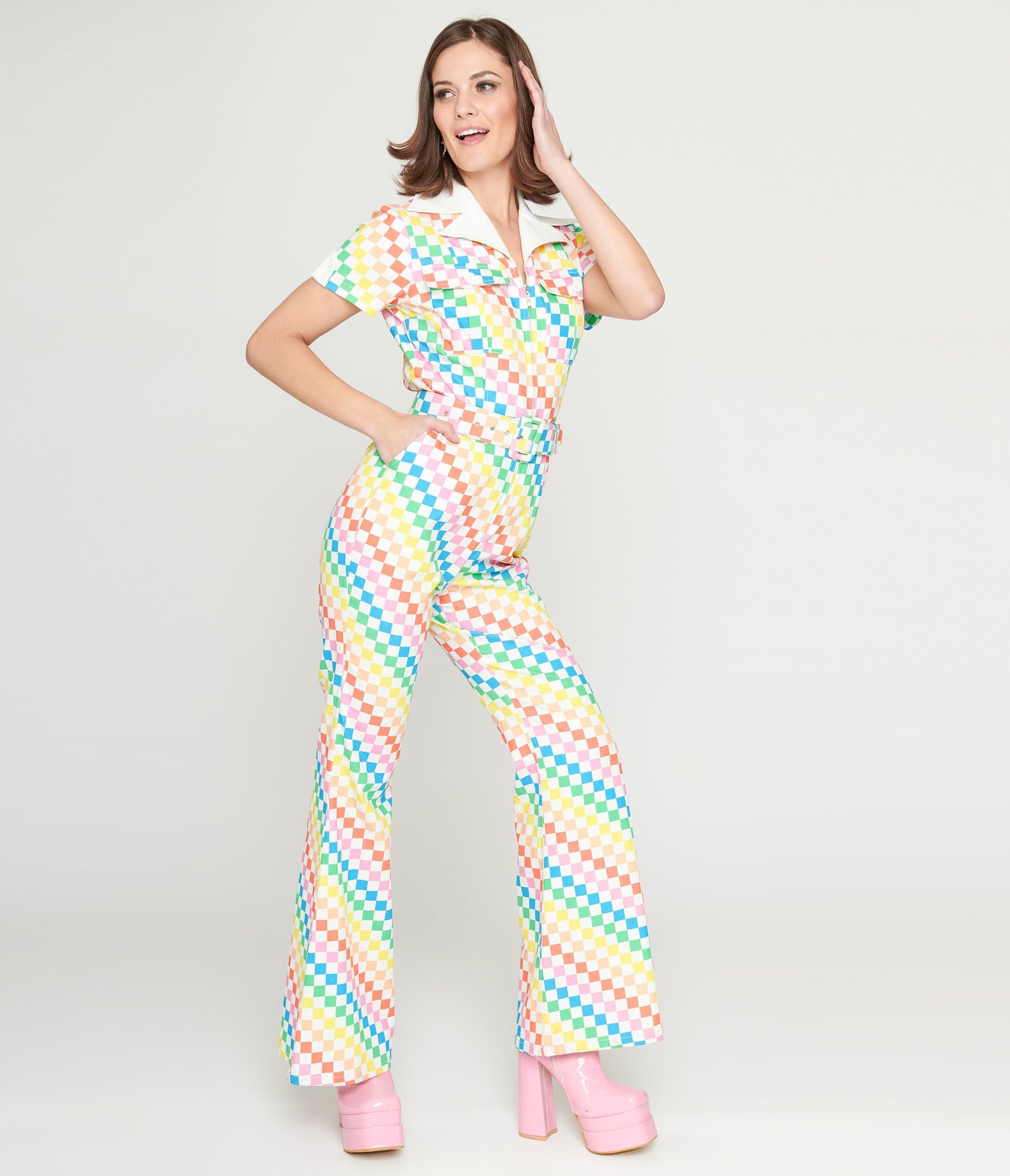 Smak Parlour 1970s Rainbow Check Flare Jumpsuit - Unique Vintage - Womens, BOTTOMS, ROMPERS AND JUMPSUITS