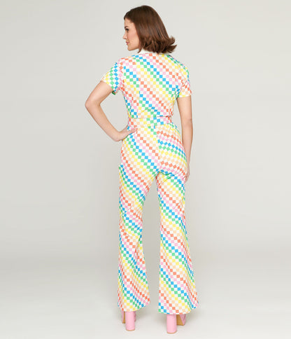 Smak Parlour 1970s Rainbow Check Flare Jumpsuit - Unique Vintage - Womens, BOTTOMS, ROMPERS AND JUMPSUITS