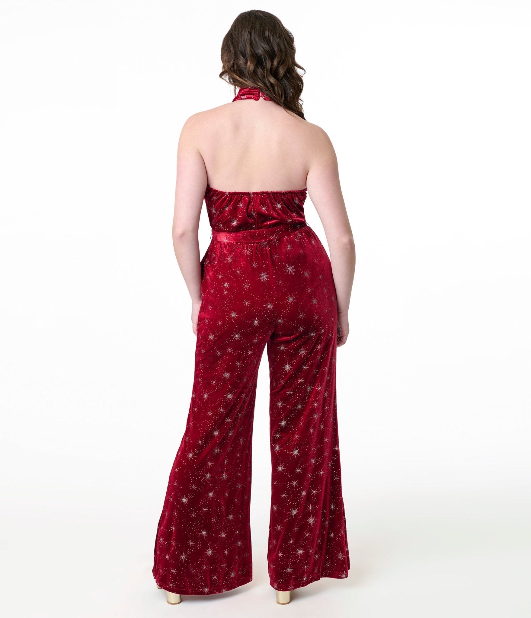 Smak Parlour 1970s Red & Silver Star Velvet Draped Darling Jumpsuit - Unique Vintage - Womens, BOTTOMS, ROMPERS AND JUMPSUITS