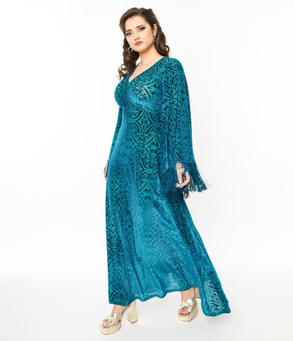 Smak Parlour 1970s Teal Floral Fringe Sleeve Maxi Dress - Unique Vintage - Womens, DRESSES, MAXI