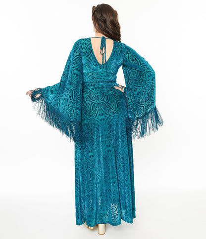 Smak Parlour 1970s Teal Floral Fringe Sleeve Maxi Dress - Unique Vintage - Womens, DRESSES, MAXI