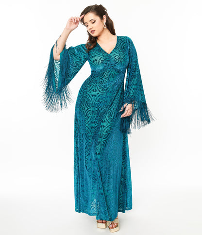 Smak Parlour 1970s Teal Floral Fringe Sleeve Maxi Dress - Unique Vintage - Womens, DRESSES, MAXI