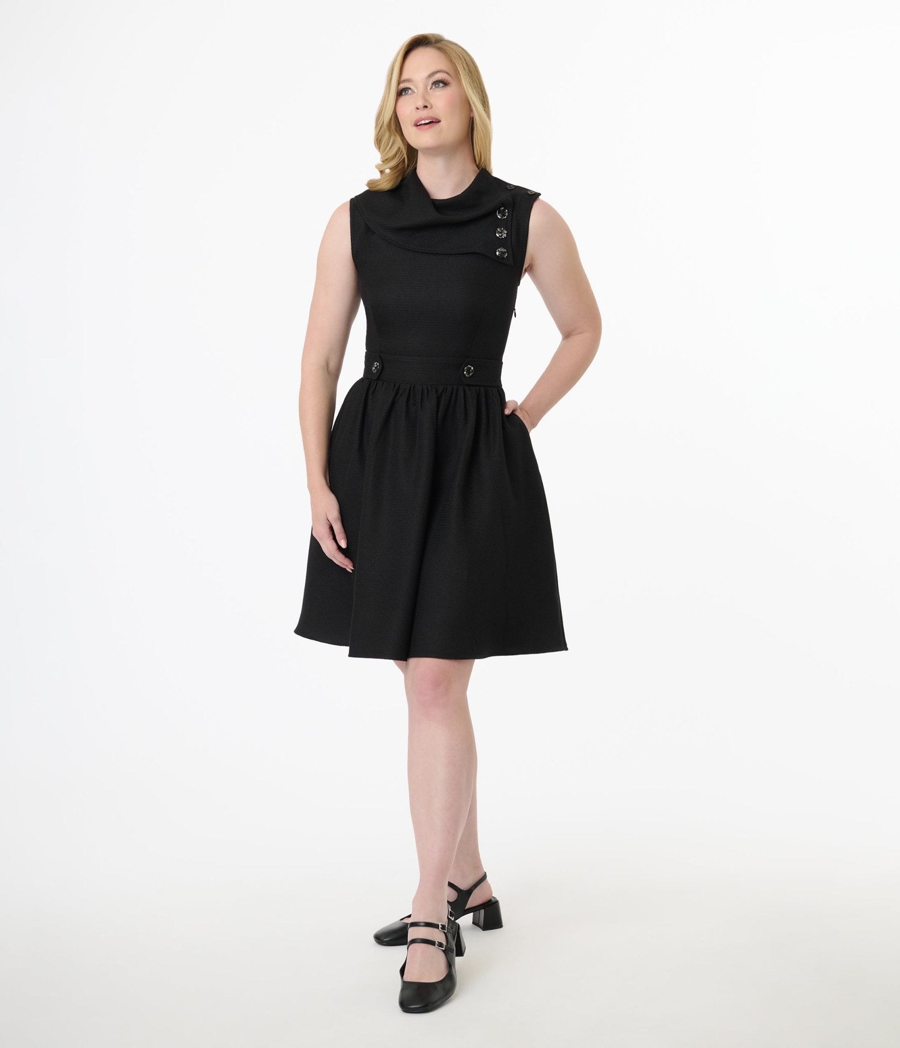 Smak Parlour Black Tweed Funnel Neck Fit & Flare Dress - Unique Vintage - Womens, DRESSES, FIT AND FLARE