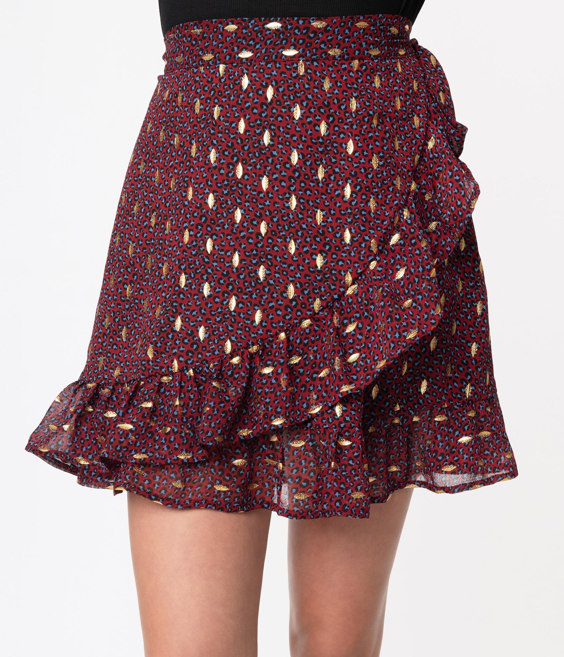 Smak Parlour Burgundy Leopard Print Wild Thing Wrap Flare Skirt - Unique Vintage - Womens, BOTTOMS, SKIRTS