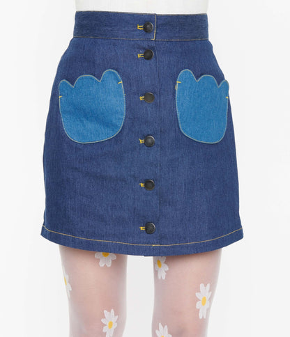 Smak Parlour Dark Denim Tulip Match Game Mini Skirt - Unique Vintage - Womens, BOTTOMS, SKIRTS