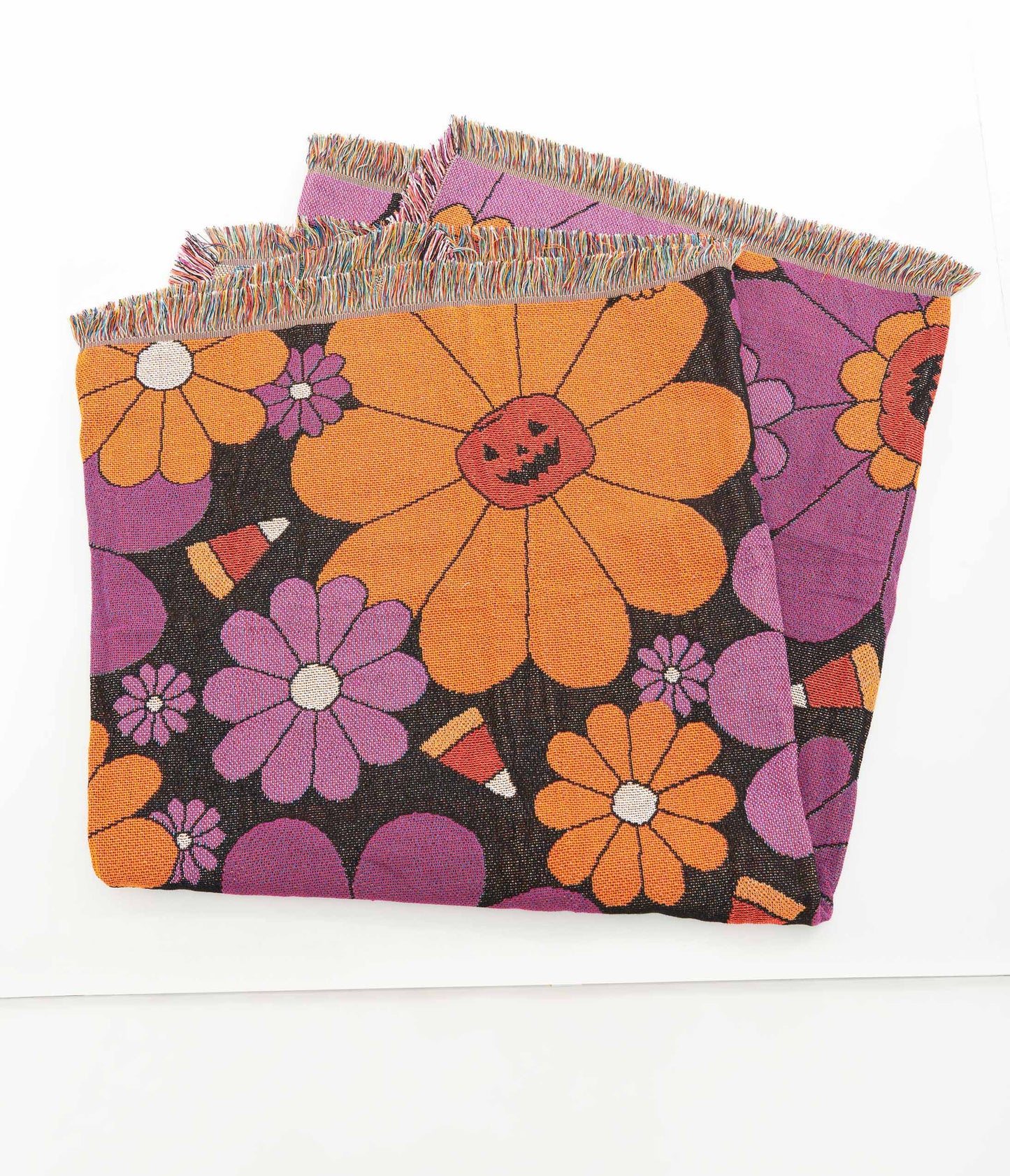 Smak Parlour Groovy Pumpkin Floral Fringe Blanket - Unique Vintage - Womens, HALLOWEEN, ACCESSORIES